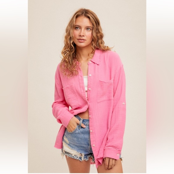 Hem & Thread Tops - 800. Hem & Thread Candy Pink Shirt Cotton Front Pockets Fringe Hem New Item NWT